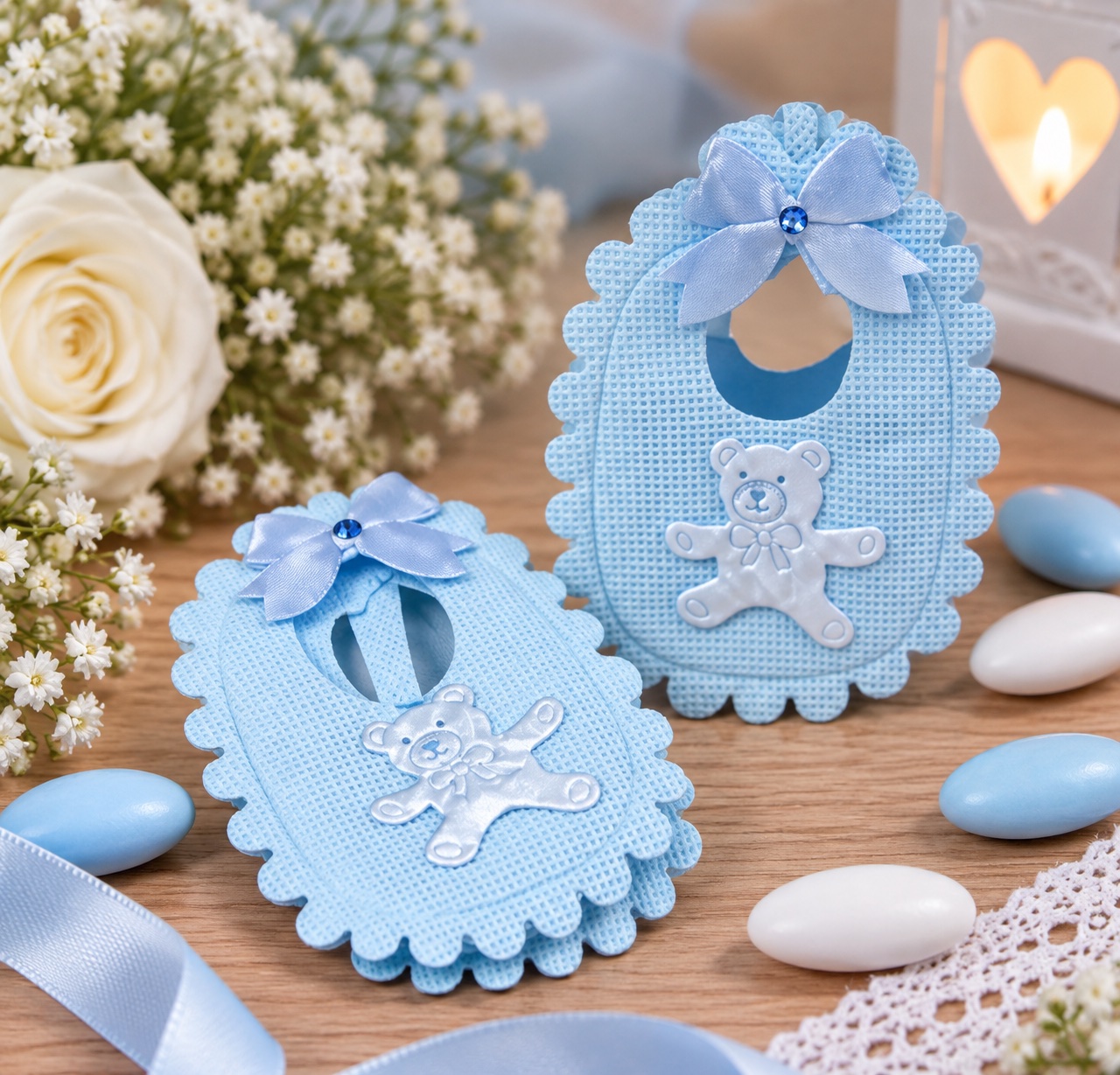 bavoir garcon contenant a dragees baby shower