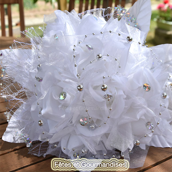 Bouquet De Mariée Roses Blanches Strass Et Perles Argent