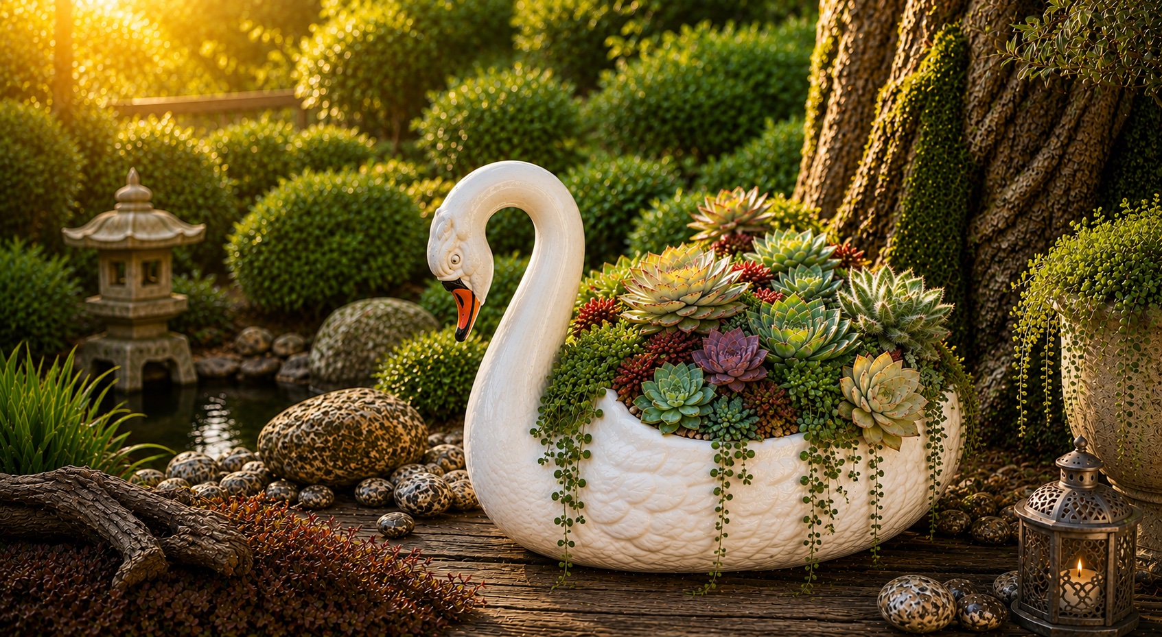 cygne decore avec des succulentes echeveria