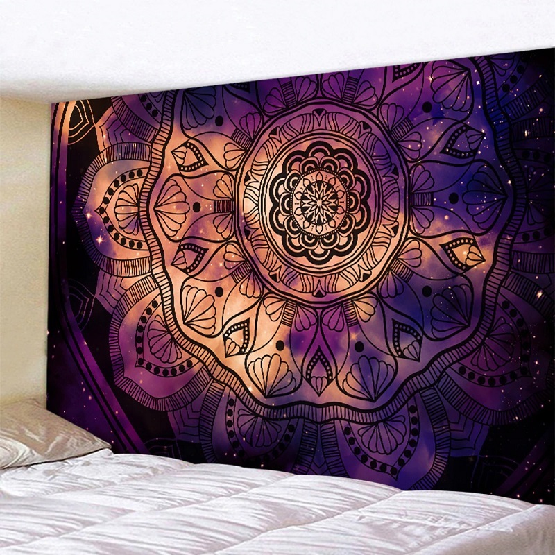 Tenture Murale Mandala Grande Fleur de Vie fond Noir et Violet