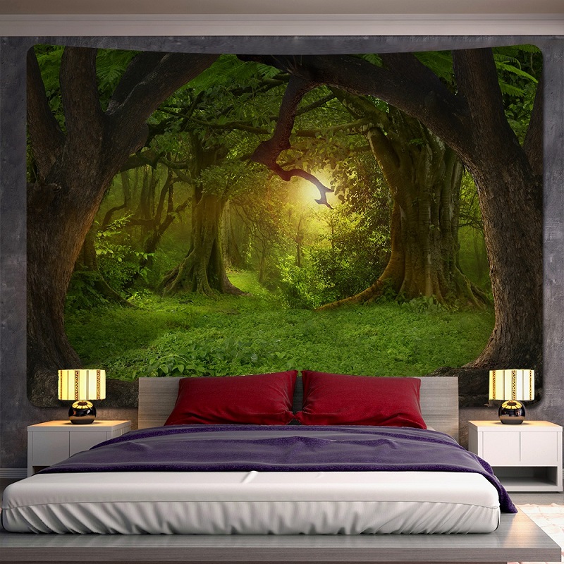 Grande tenture murale imprimée forêt, belle tapisserie de la