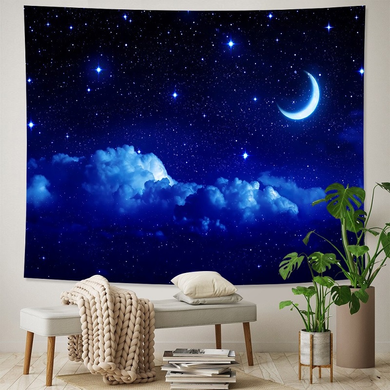 Tenture Murale Croissant de Lune dans Nuit Étoilée avec Nuages