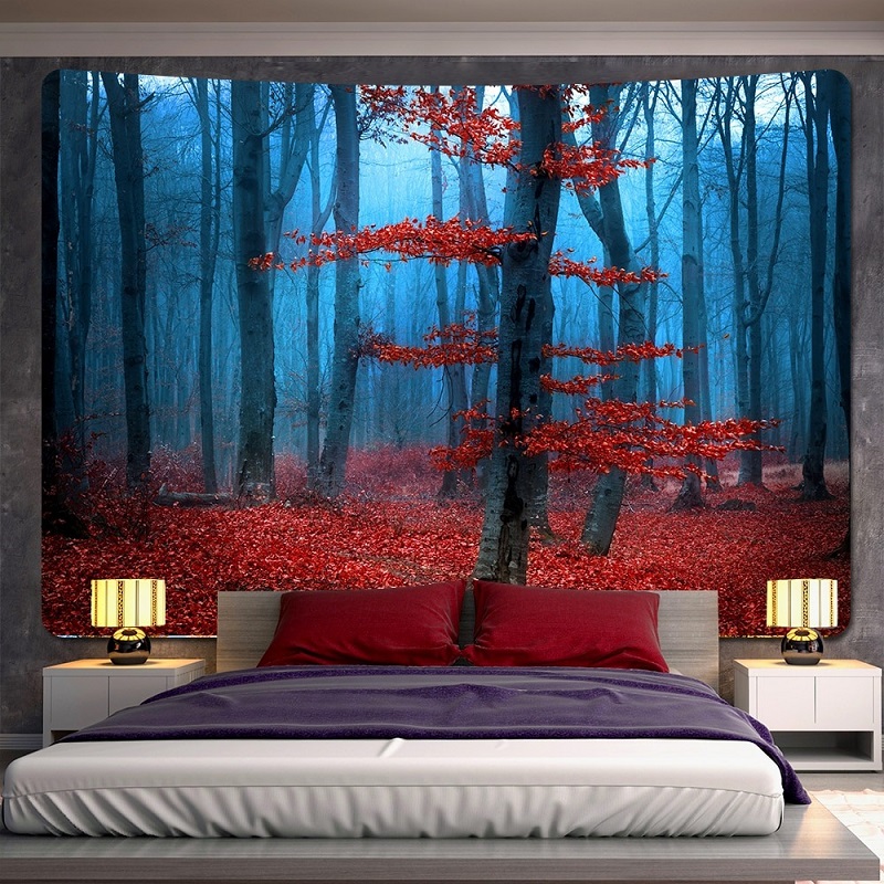 Tenture Murale Forêt en Automne Feuilles Rouges