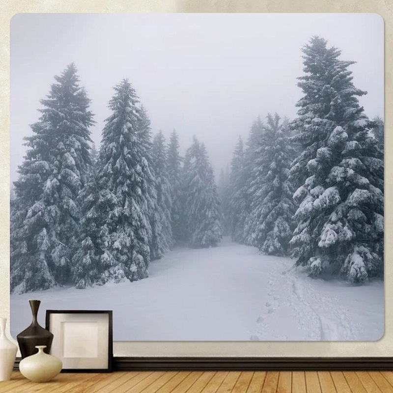 tenture murale forêt arbres sapins neige