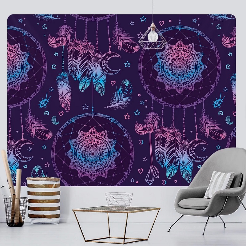 tapisserie murale attrape-rêves plumes lune