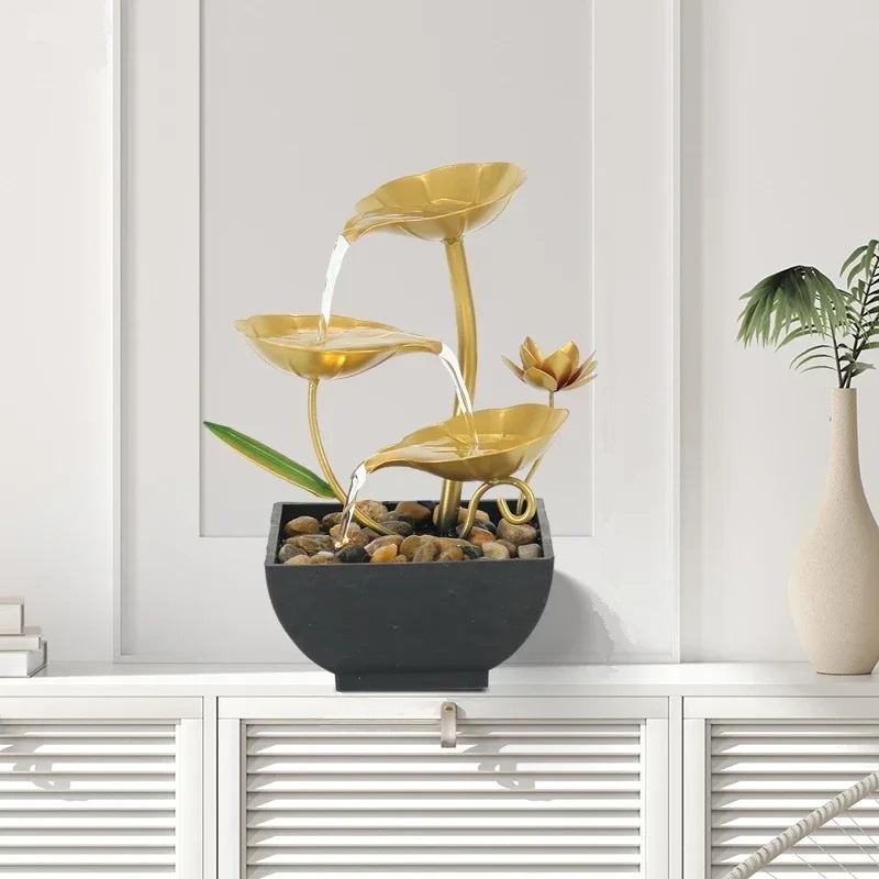 fontaine décorative zen feuilles lotus dorées