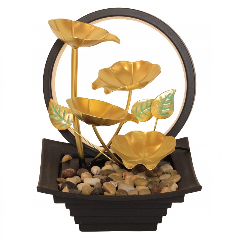 fontaine dintérieur zen feuilles dorées cercle lumineux