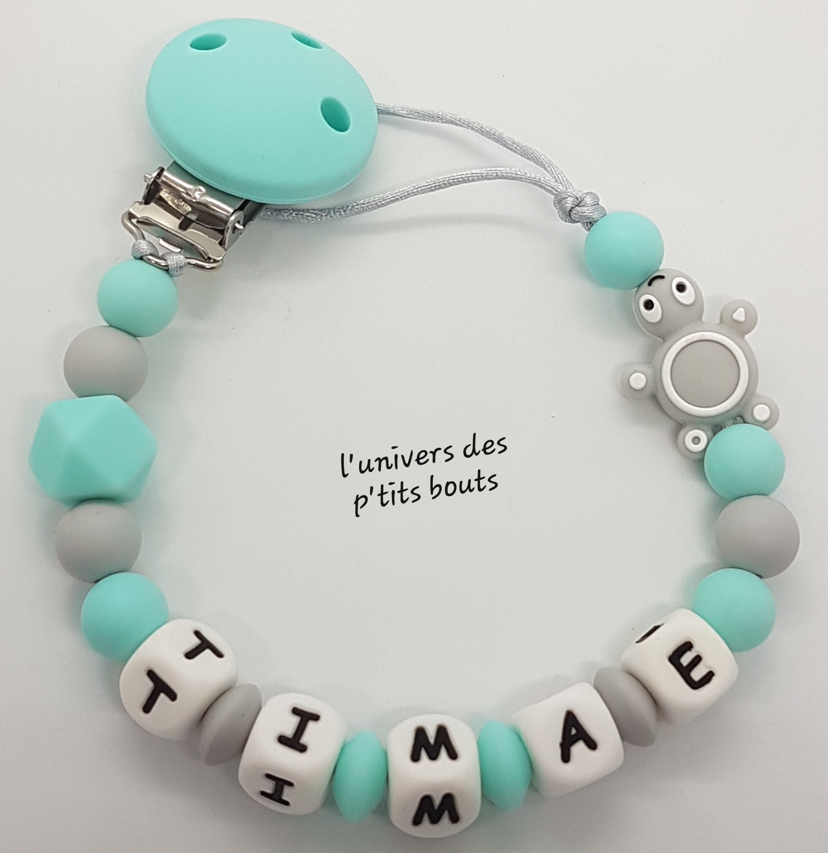 Ensemble attache tétine et bracelet de dentition personnalisé modèle Timae