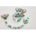 Ensemble attache tétine et bracelet de dentition personnalisés en silicone modèle "Evan"