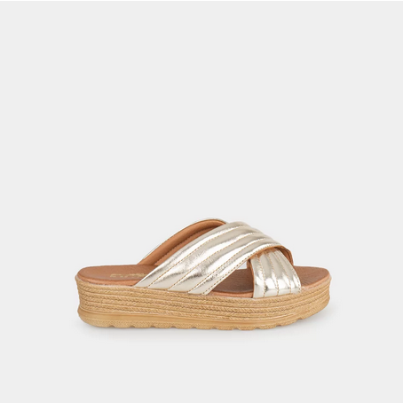 Tong BRIDES croisées compensée en cuir or 1