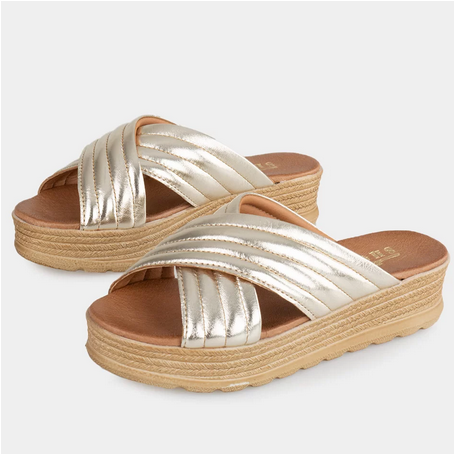 Tong BRIDES croisées compensée en cuir or 4