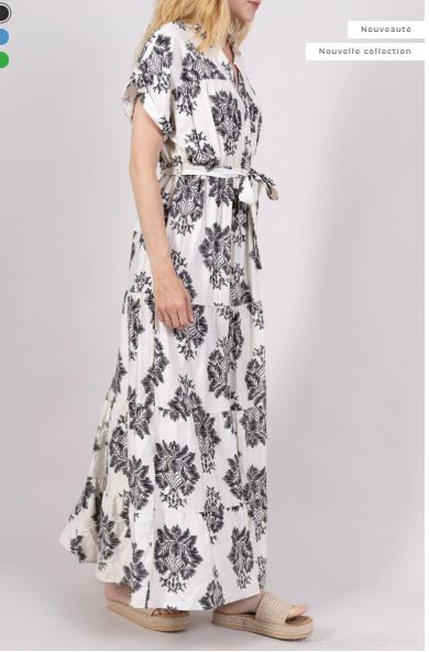 Robe longue effet lin noir et blanc