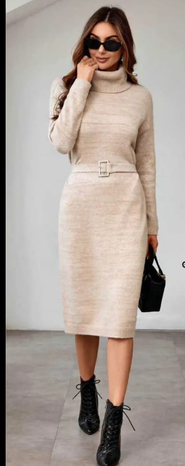 ROBE PULL COL ROULE BEIGE