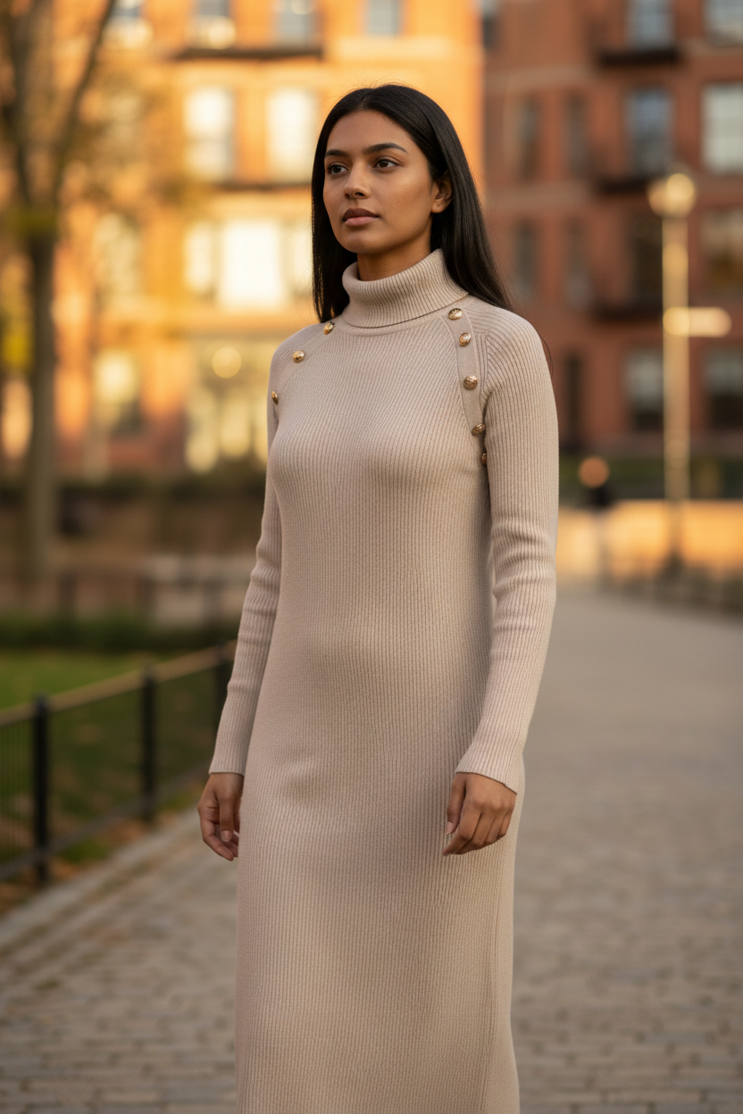 Robe pull col roulé style officier rose (11)
