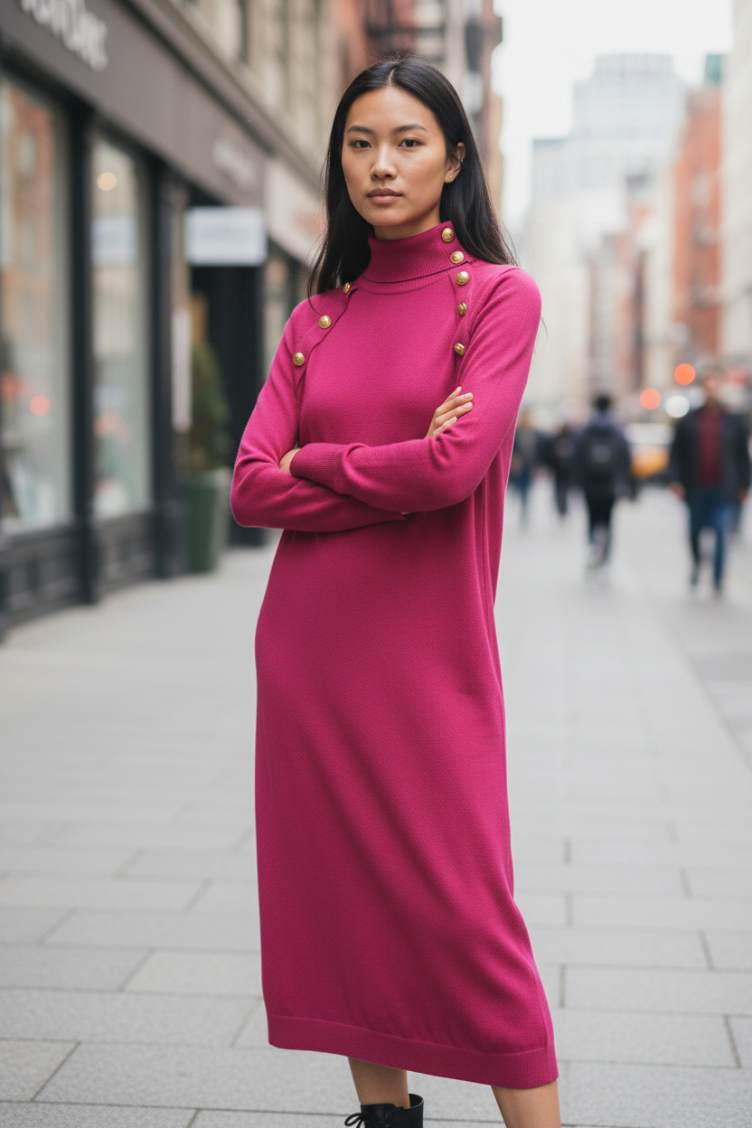 Robe pull col roulé style officier rose (1)