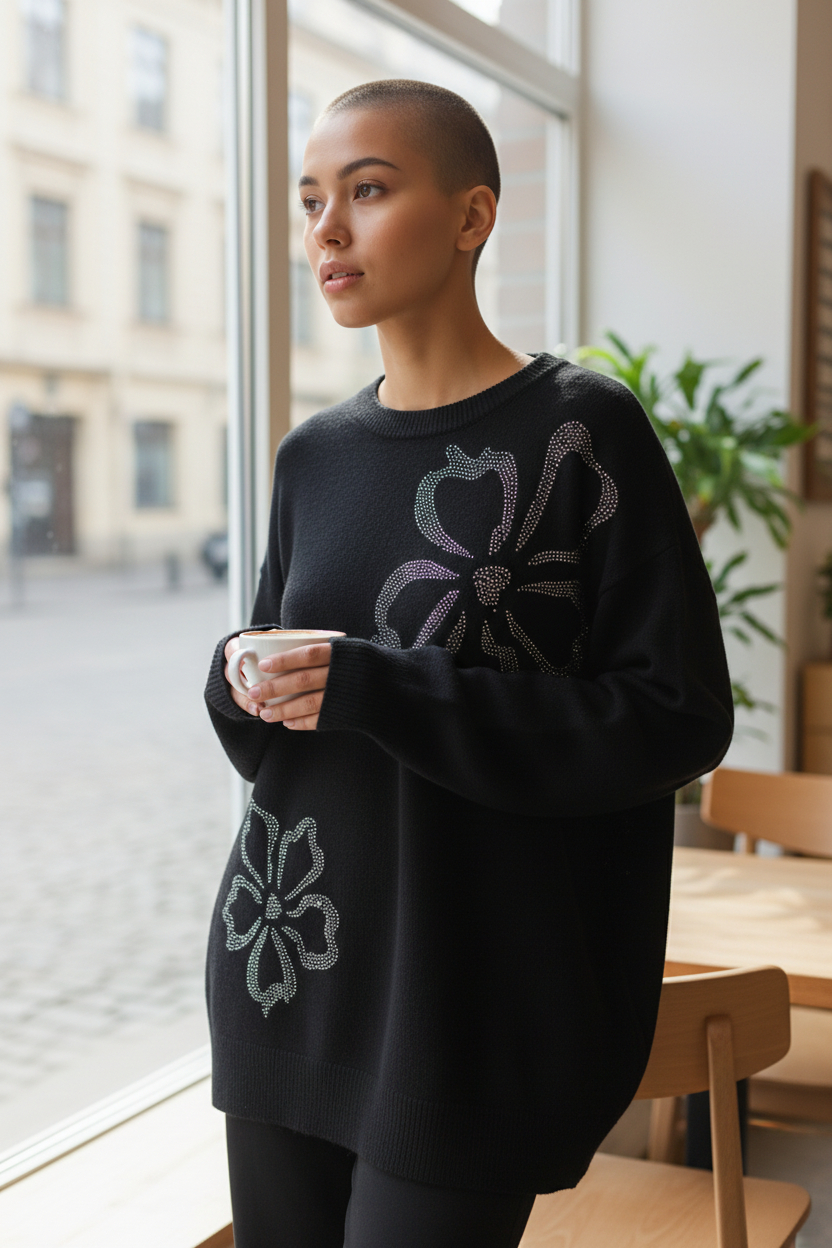 pull noir avec fleurs