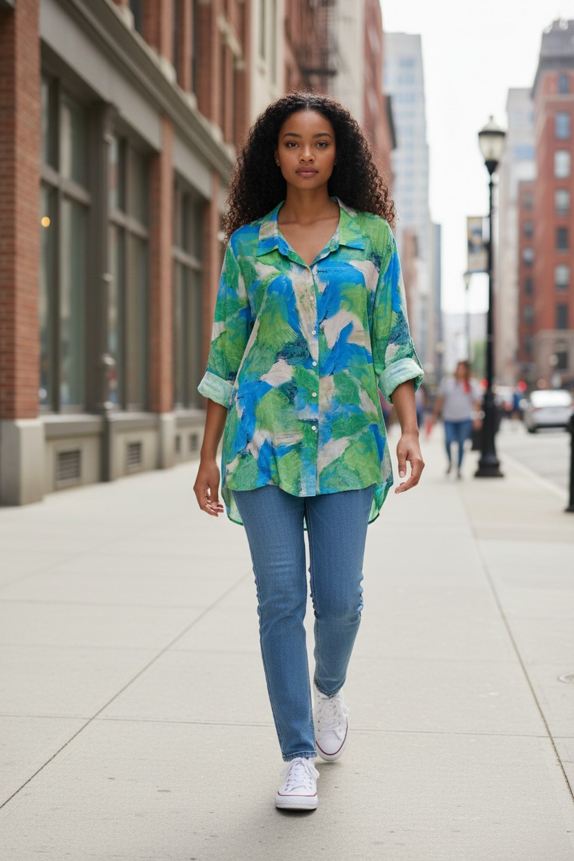 Chemise imprimée floral bleu  (Modèle Virtuel) (1)