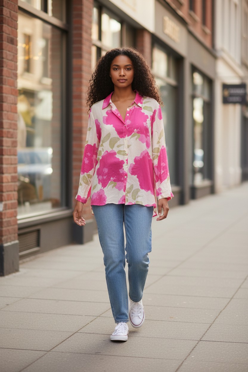 Chemise imprimée floral rose (Modèle Virtuel) (1)