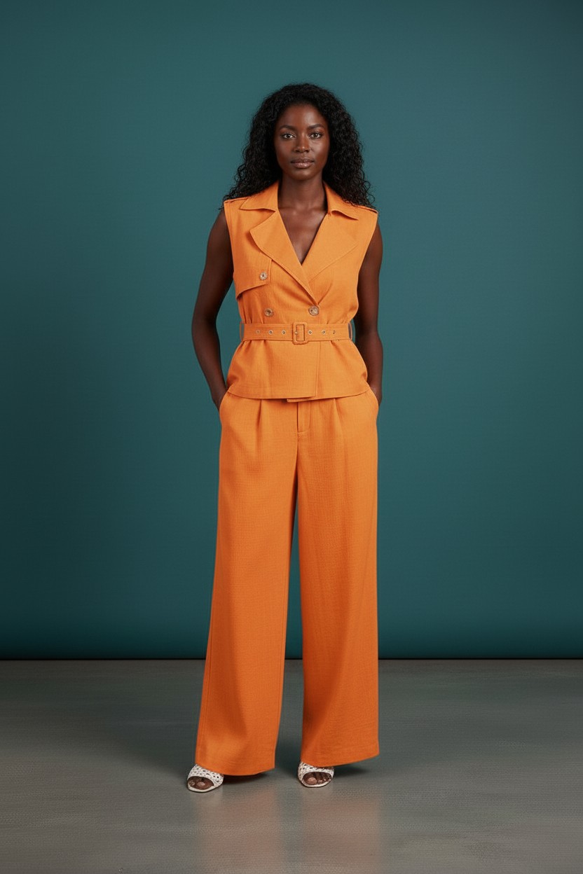 Ensemble Haut ceinturé et pantalon ORANGE 2