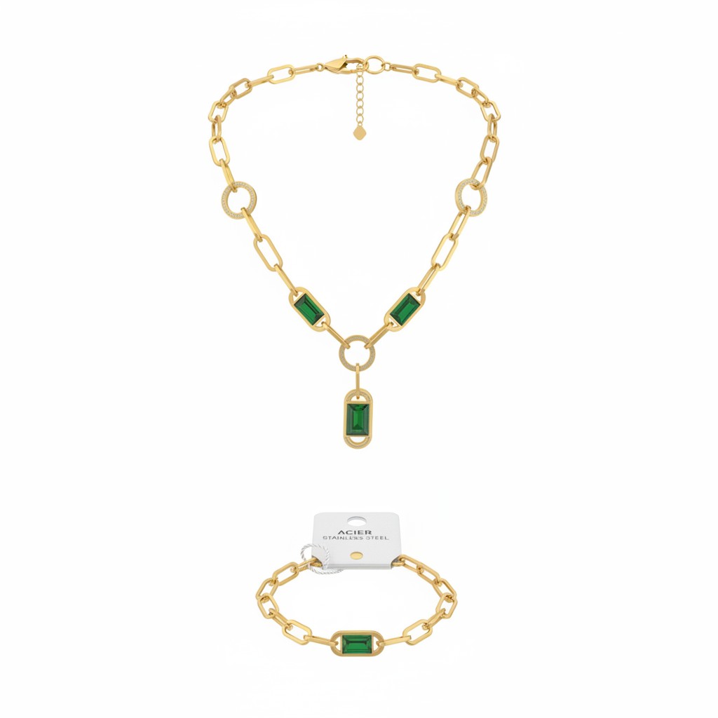 Parure acier inoxydable strass vert