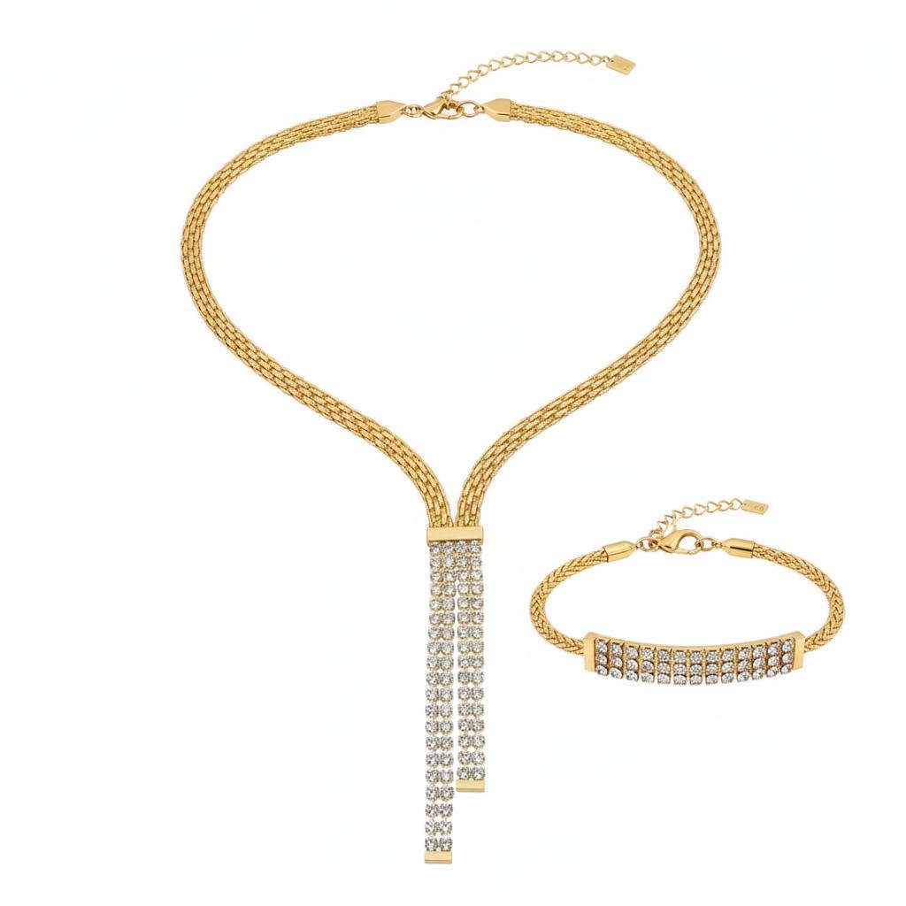 Parure en acier inoxydable dorée avec strass