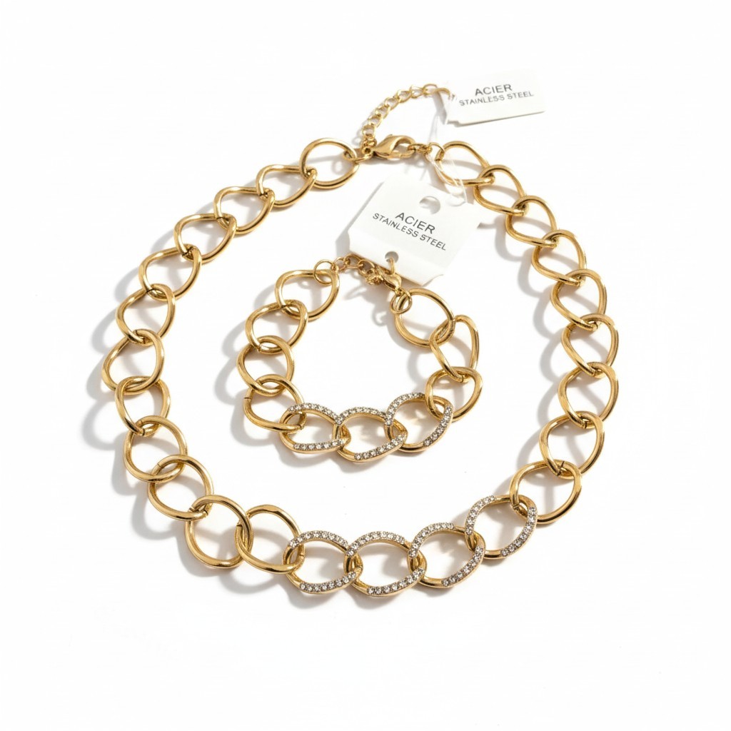 Parure collier et bracelet large acier