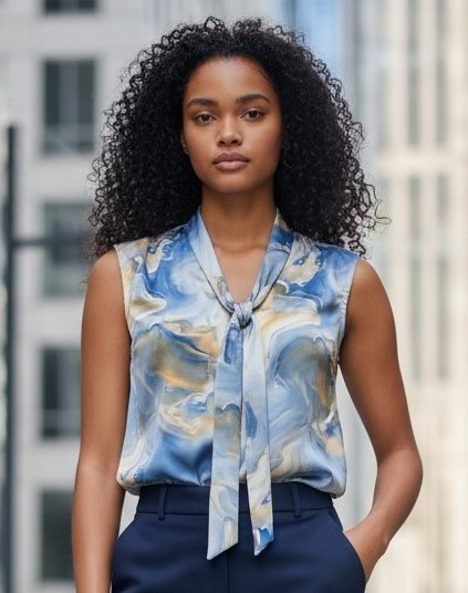 blouse satinée col lavalliere bleu