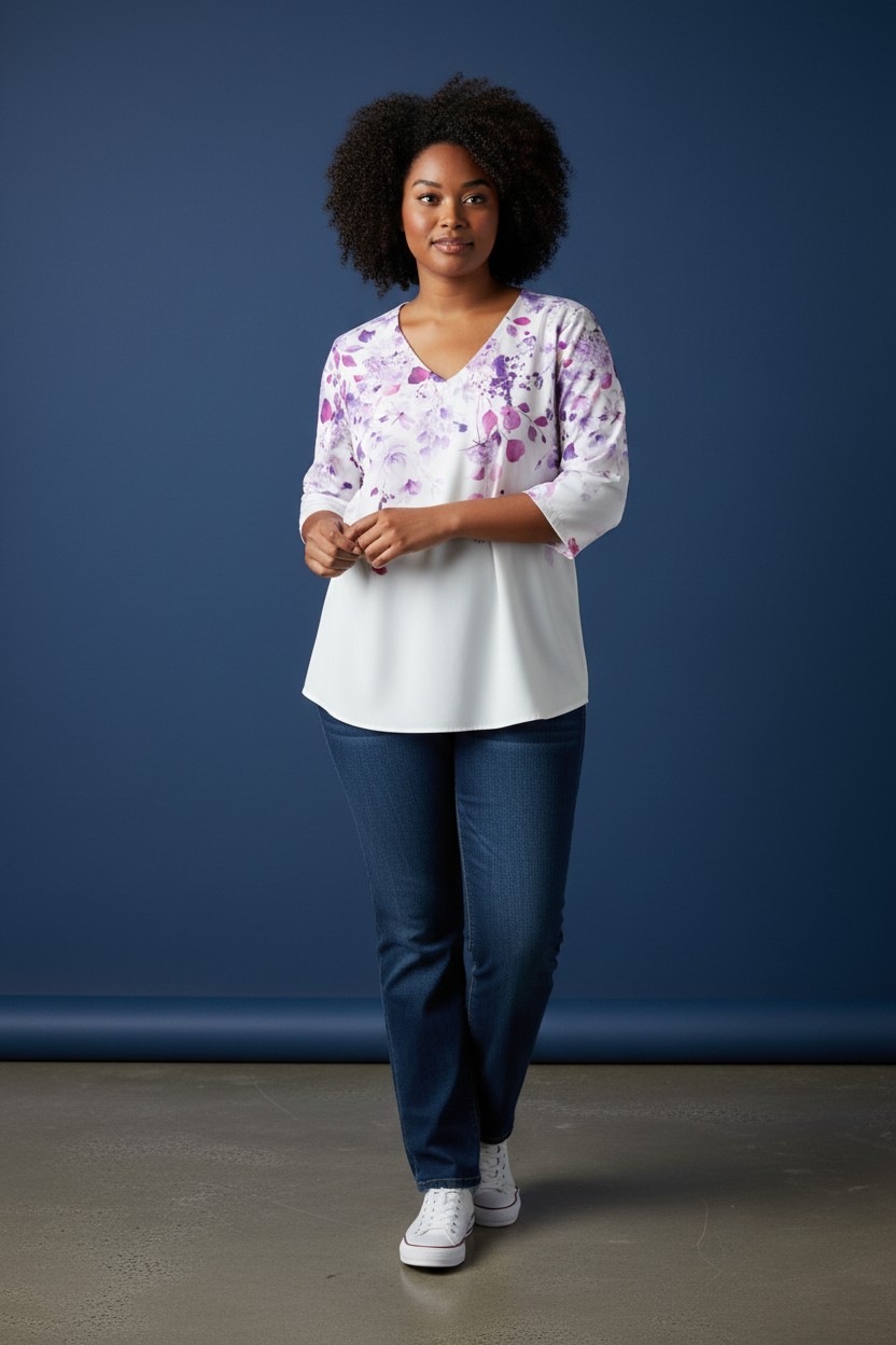 blouse blanche violet grande taille (Modèle Virtuel)