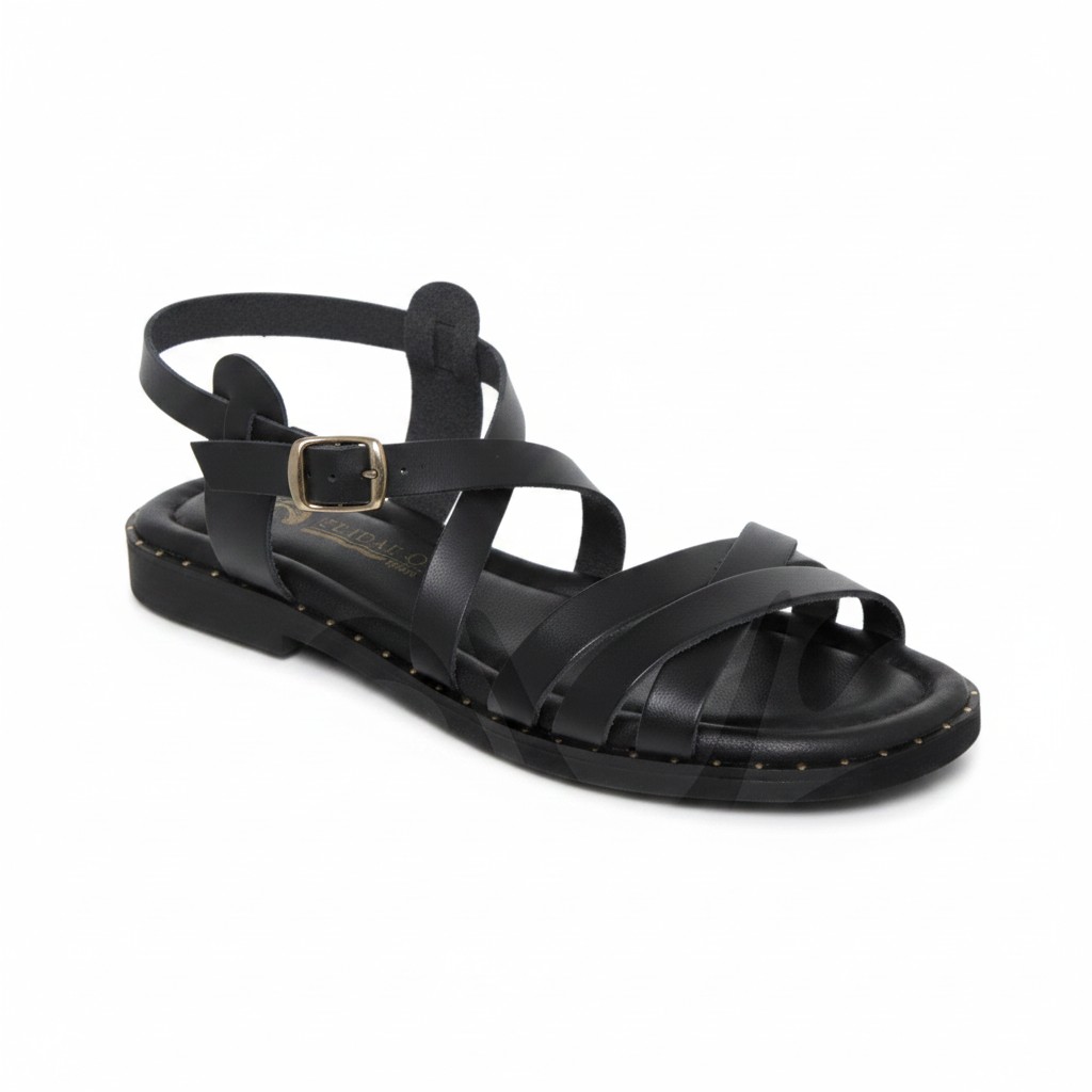Sandales plate en cuir noir (Embellisseur de produit)