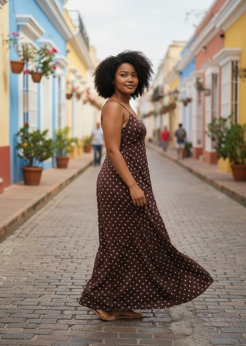 Robe longue à pois marron 2
