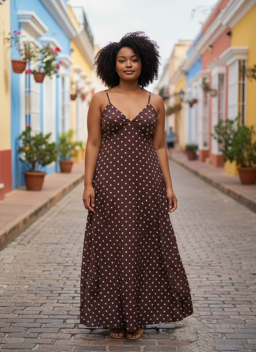 Robe longue à pois marron