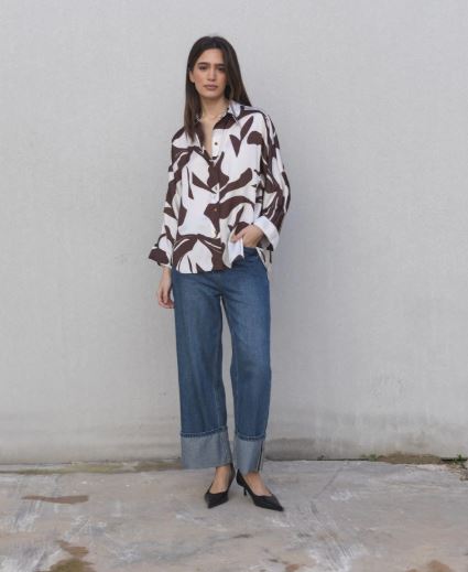 Chemise imprimée satiné marron et blanche