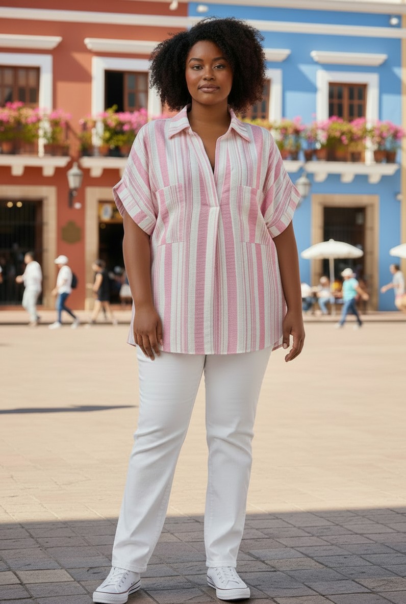 Blouse avec col à rayures grande taille