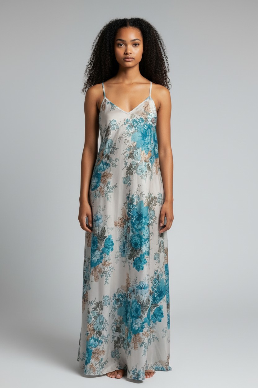 ROBE satiné FLEURIE BLEU TURQOUOISE