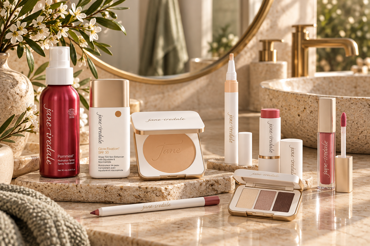 Maquillage soin jane iredale dans une salle de bain méditerranéenne ART ESTETIKA