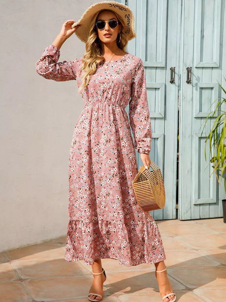 Robe-longue-imprime-Floral-rose-vintage