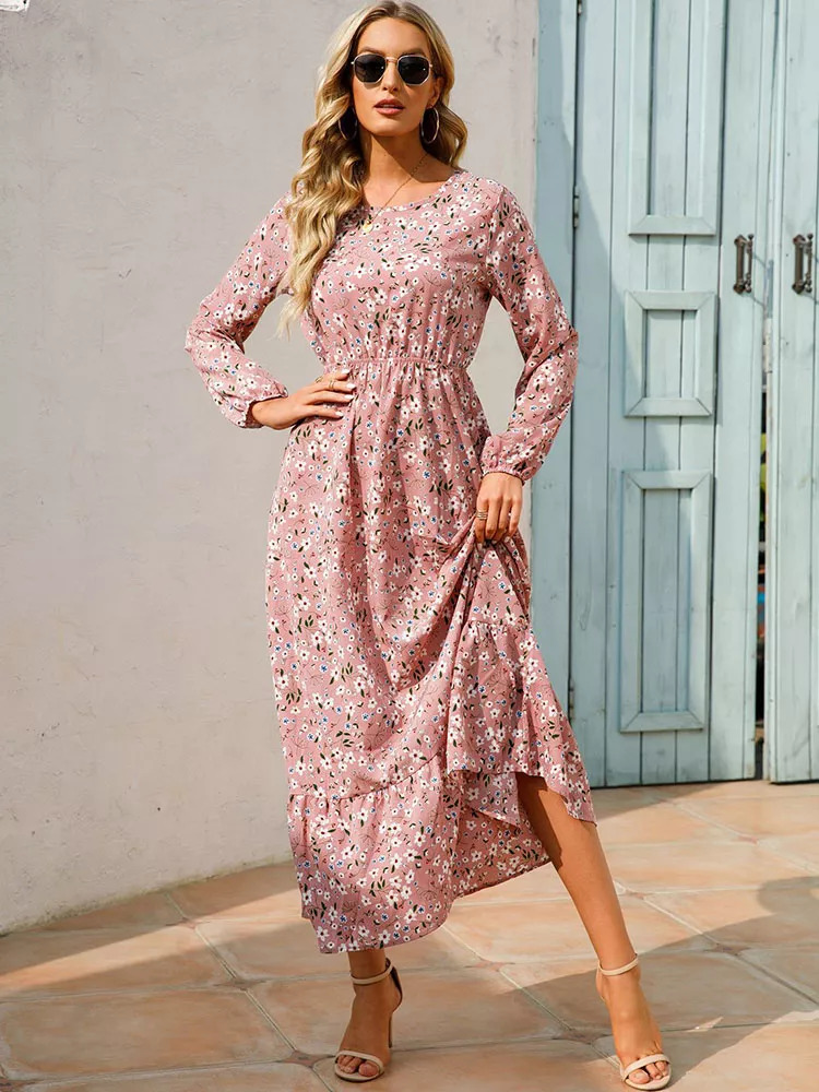 Robe-longue-imprime-Floral-rose-manche-longues