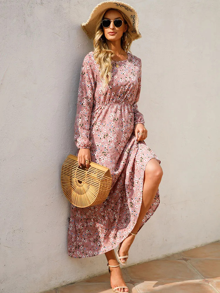 Robe-longue-imprime-Floral-rose