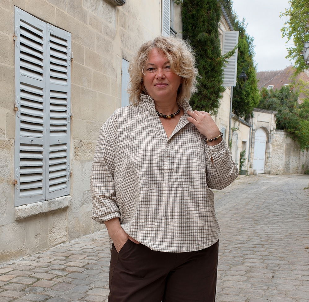 BLOUSE CARREAUX BEIGE ET VICHY GRANDE TAILLE 2