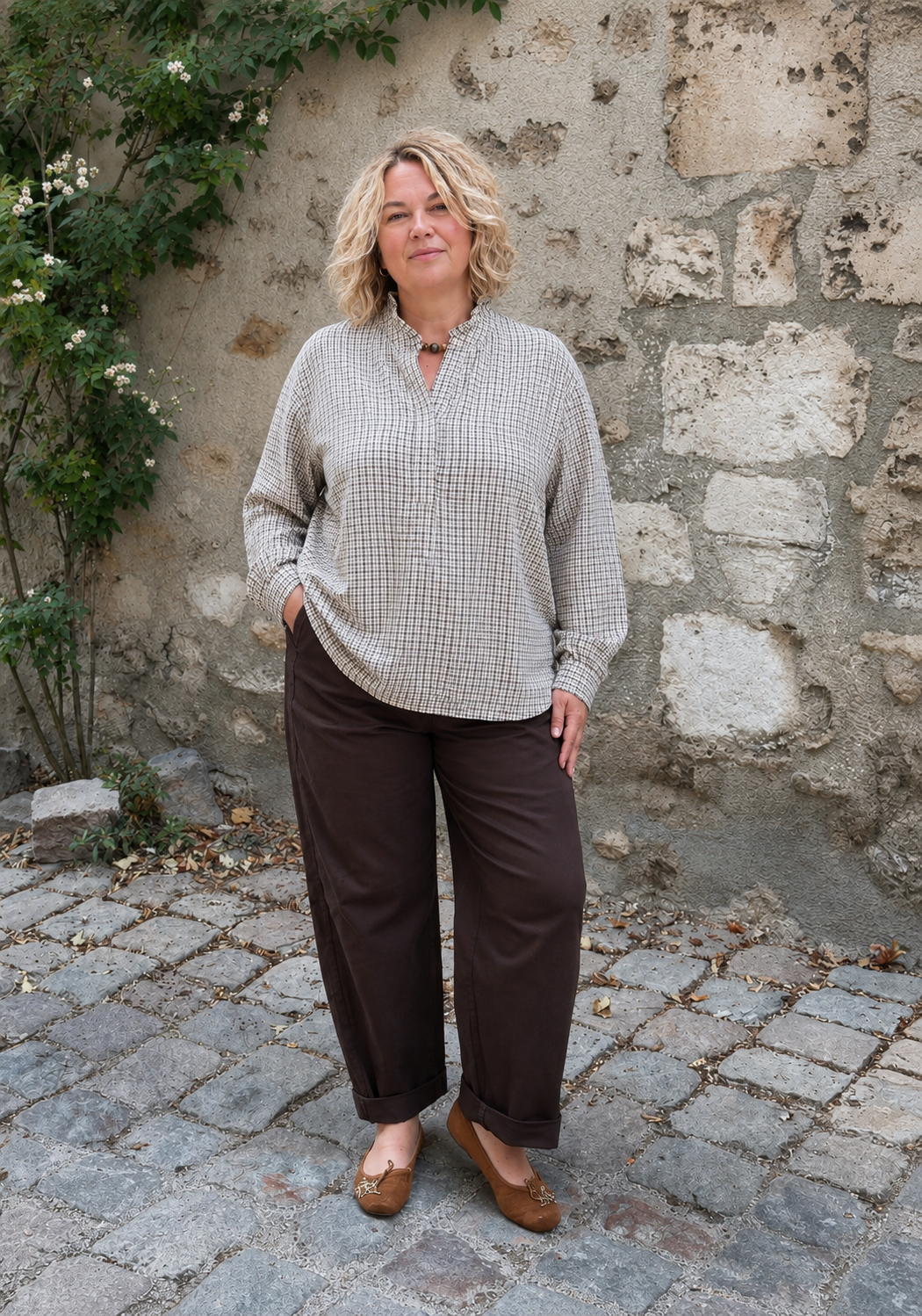 BLOUSE CARREAUX BEIGE ET VICHY GRANDE TAILLE