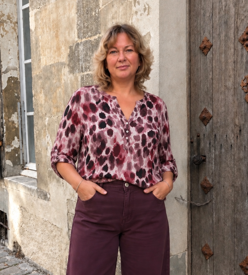 BLOUSE IMPRIME BORDEAUX ET ROSE GRANDE TAILLE