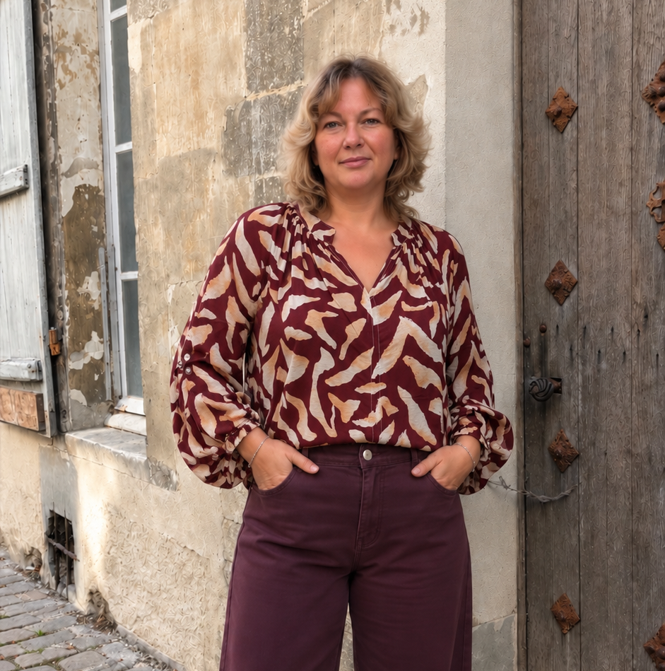 BLOUSE FLUIDE BORDEAUX ET CAMEL GRANDE TAILLE