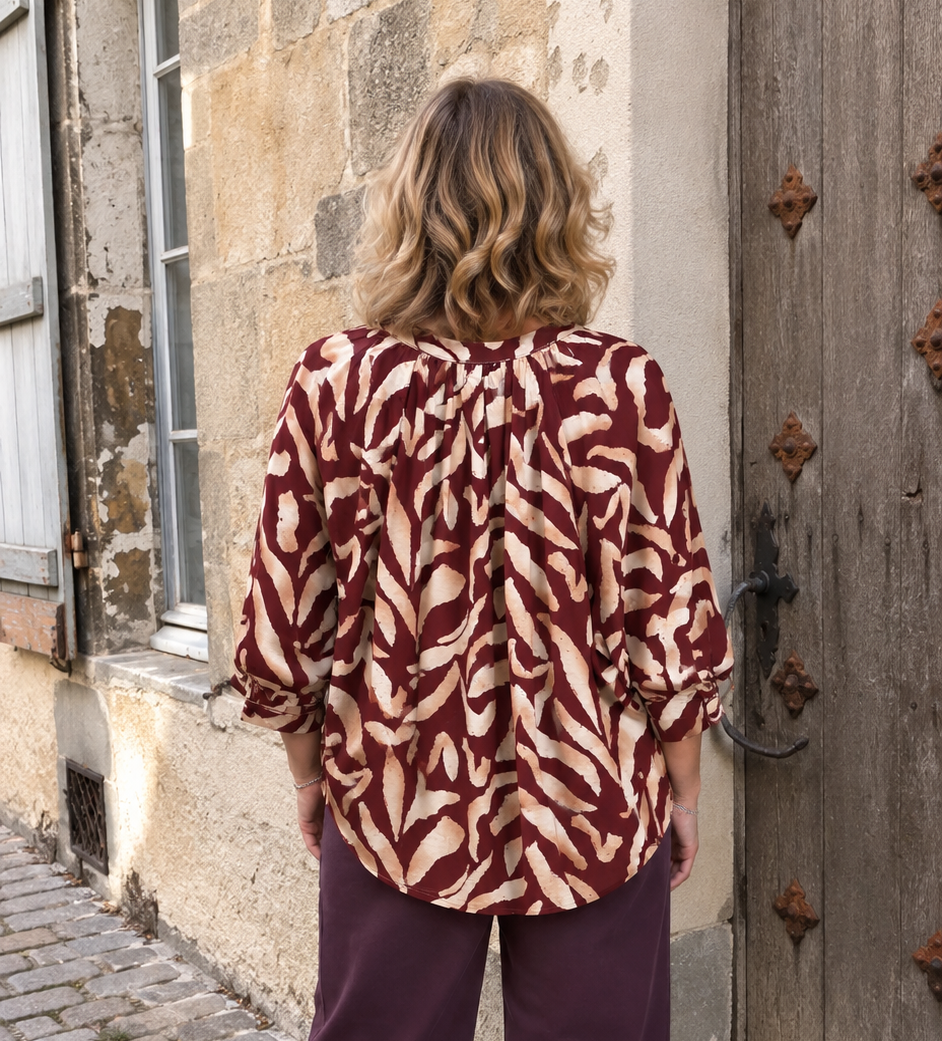BLOUSE FLUIDE BORDEAUX ET CAMEL GRANDE TAILLE 1