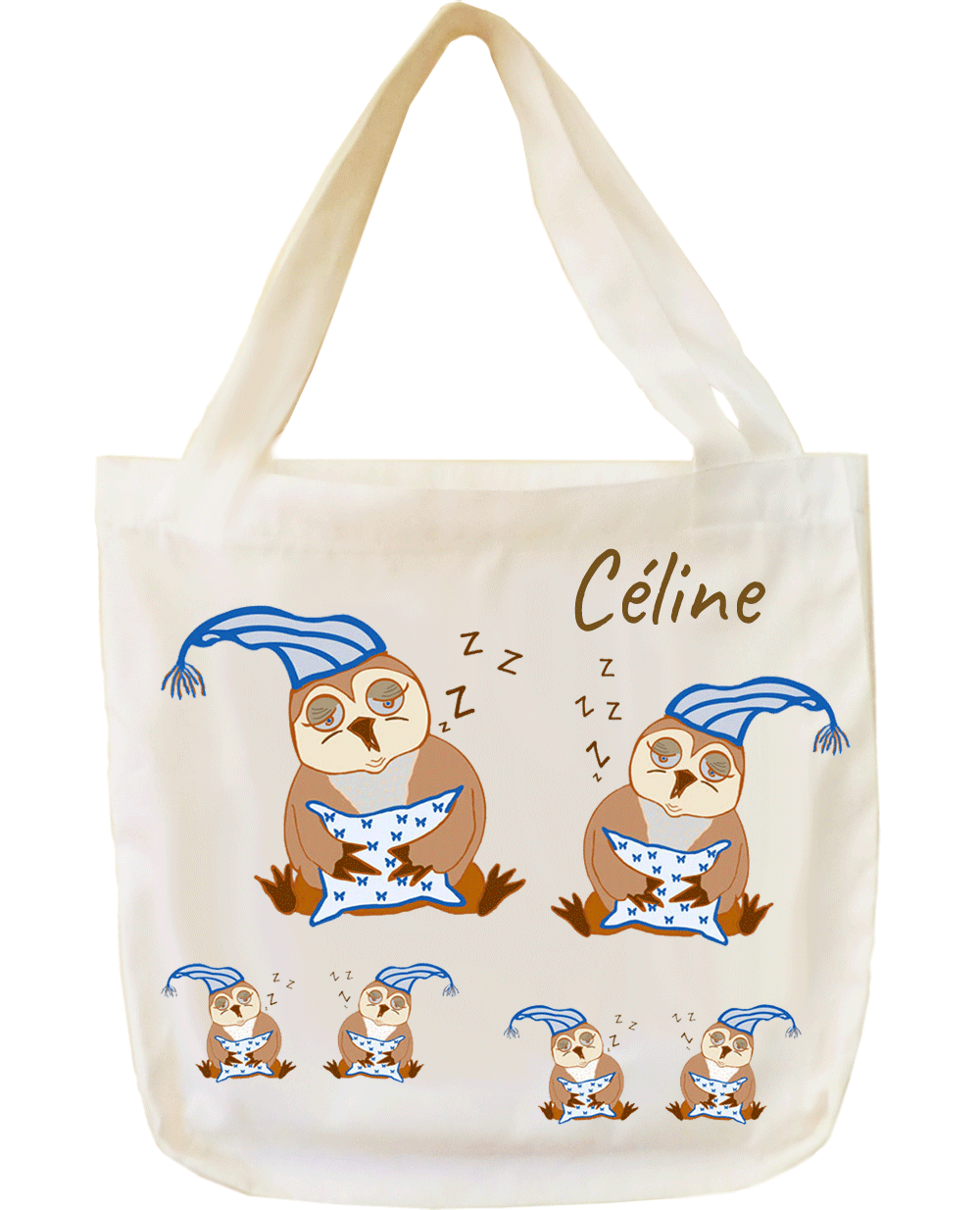 tote-bag;sac;cabas;texti;cadeaux;personnalisable;personnalisation;personnalise;prenom;animal;chouette;bonnet;nuit;dormeuse;Celine