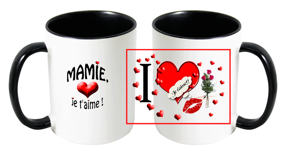 mug;noir;ceramique;famille;amour;mamie;grand-mere;fleurs;cadre;coeur;je-t-aime