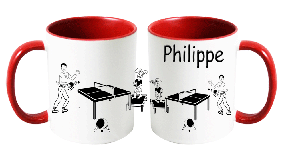 mug;rouge;personnalisable;personnalisation;personnalise;prenom;balle;table;raquette;ping-pong;pongiste;sport;Philippe