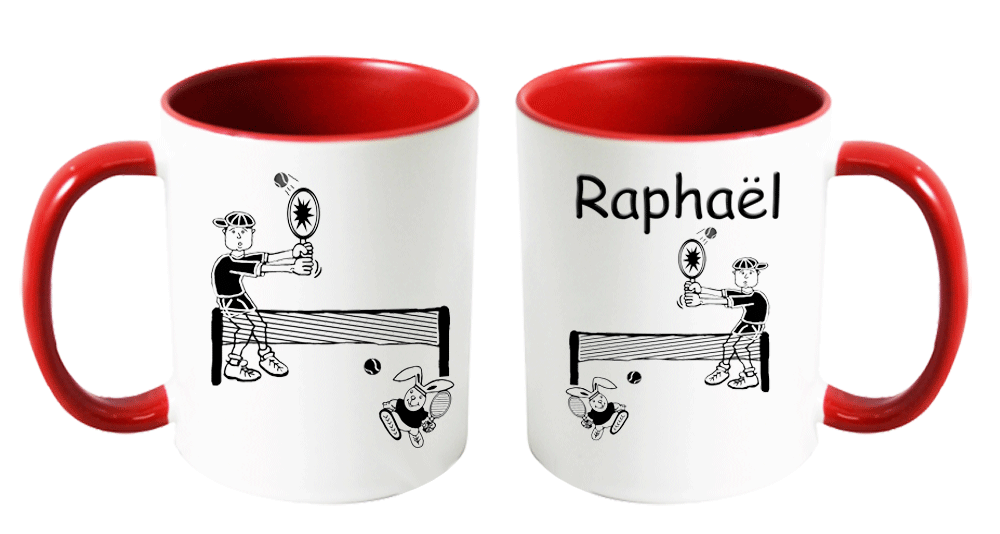mug;rouge;personnalisable;personnalisation;personnalise;prenom;balle;court;raquette;tennis;tennisman;sport;Raphael