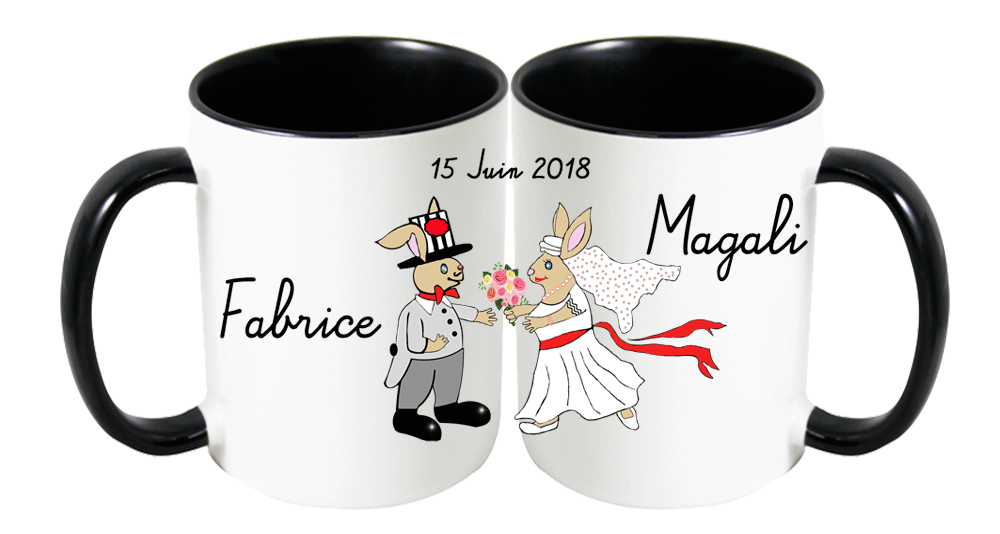 mug;ceramique;bicolore;noir;personnalisable;personnalisation;personnalise;mug;mariage;date;couple;Fabrice;Magali