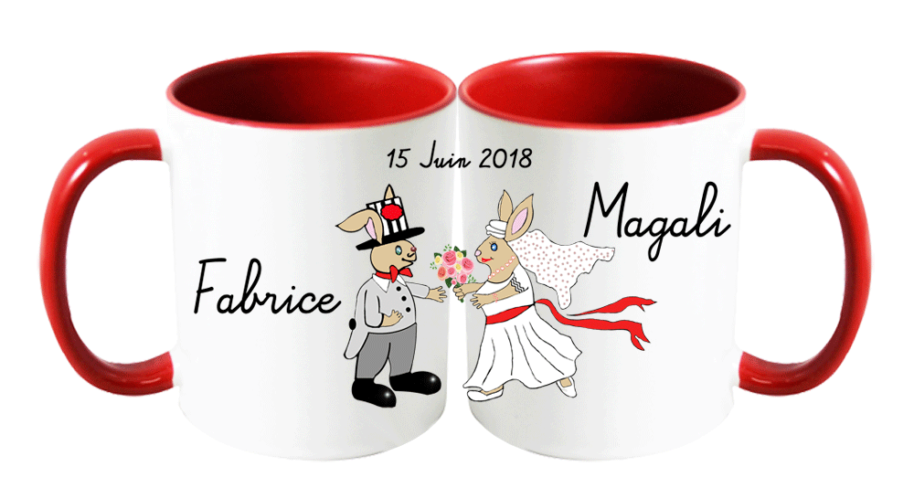 mug;ceramique;bicolore;rouge;personnalisable;personnalisation;personnalise;mug;mariage;date;couple;Fabrice;Magali