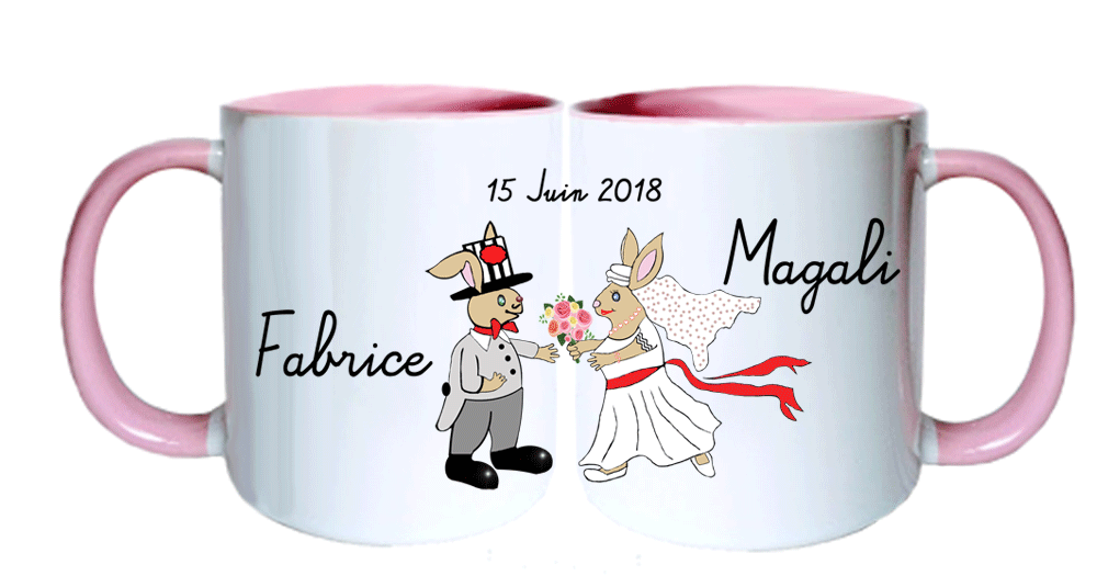 mug;ceramique;bicolore;rose;personnalisable;personnalisation;personnalise;mug;mariage;date;couple;Fabrice;Magali